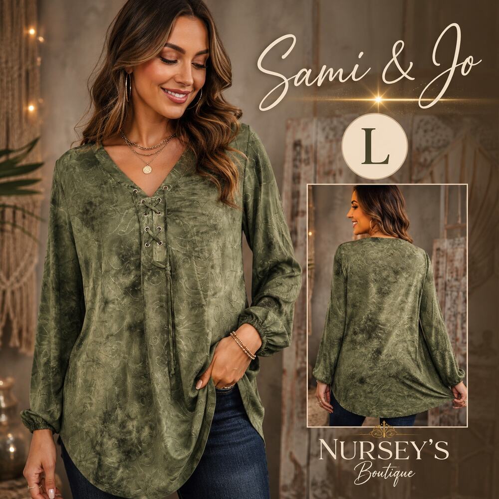 Sami & Jo Olive Green Embroidered Lace Up Tunic Top L Boho Whimsigoth